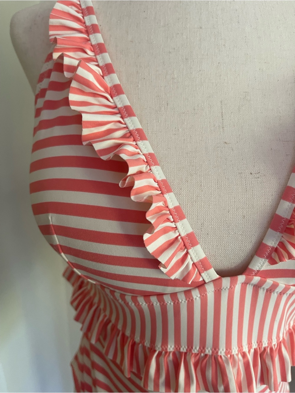 J. Crew, Size 14, Pink and White Striped Ruffle One-Piece Swimsuit - Picture 3 of 8